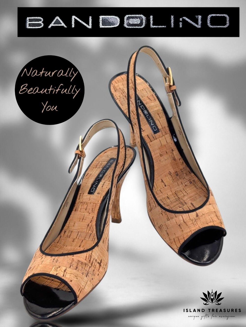Bandolino Bardeco Size 8.5 Natural Cork Black Trim Gold Buckle Peep-Toe Stiletto - Picture 17 of 17